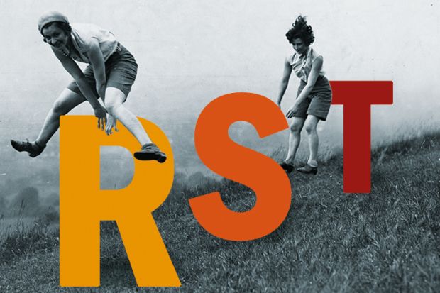 Two children in black and white leapfrog over colourful letters R, S and T on a hillside Two children in black and white leapfrog over colourful letters R, S and T on a hillside