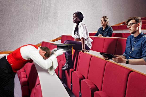 A lecturer as a servant, presenting a mortar board on a silver tray to students in a lecture. To illustrate student-centred teaching.