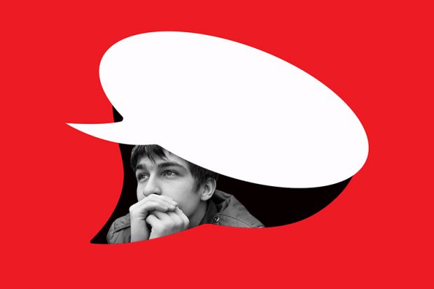 Student looking out pensively from under a speech bubble. To illustrate that undergraduates are choosing silence over dissent given the high price paid by scholars advancing controversial ideas. Student looking out pensively from under a speech bubble. To illustrate that undergraduates are choosing silence over dissent given the high price paid by scholars advancing controversial ideas.