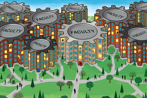 Illustration of a university with different faculties represented by cogs Illustration of a university with different faculties represented by cogs