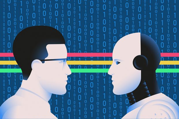 Man and robot facing off, to illustrate whether academics could be replaced by AI.