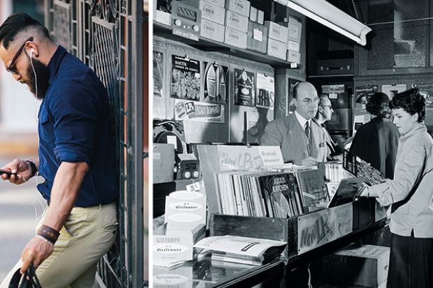 Man listening to music on smartphone/people buying vinyl records instore Man listening to music on smartphone/people buying vinyl records instore