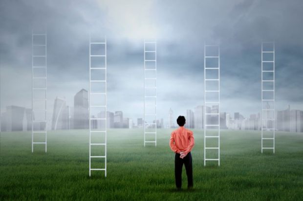 Man confronted by ladders