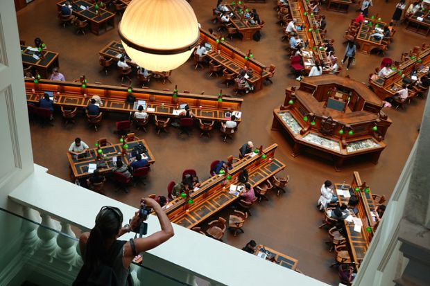 Melbourne, Victoria Australia - January 9th 2020 Interior of La Trobe reading hall from second level in Victoria State Library