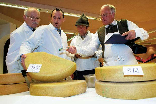 Men inspecting cheeses Men inspecting cheeses
