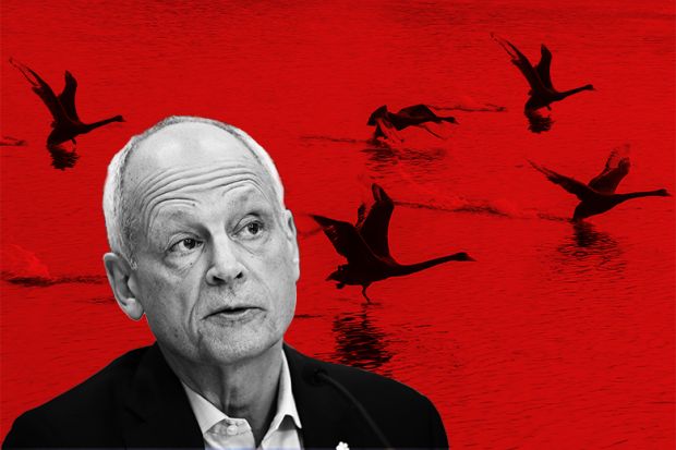 Montage of Meric Gertler, outgoing president of the University of Toronto, with black swans taking off in the background. Illustrating his belief that university leaders must brace for more “black swan events”. Montage of Meric Gertler, outgoing president of the University of Toronto, with black swans taking off in the background. Illustrating his belief that university leaders must brace for more “black swan events”.