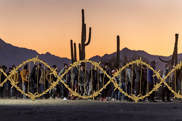 Immigrants line up at a remote U.S. Border Patrol processing centre after crossing the U.S.-Mexico border in Lukeville, Arizona. With added barbed wire twisted in the shape of a DNA helix. To illustrate Donald Trump's divisive misuse of genetics. Immigrants line up at a remote U.S. Border Patrol processing centre after crossing the U.S.-Mexico border in Lukeville, Arizona. With added barbed wire twisted in the shape of a DNA helix. To illustrate Donald Trump's divisive misuse of genetics.