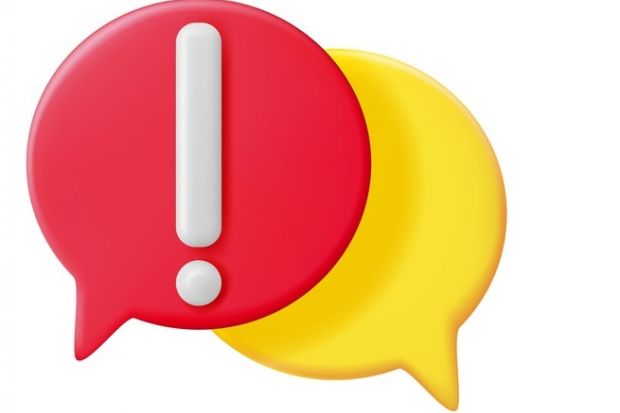 A red speech bubble with an exclamation mark A red speech bubble with an exclamation mark, symbolising misinformation