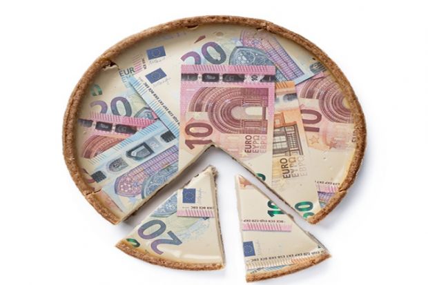 A pie made of Euro notes with cut slices at the bottom A pie made of Euro notes with cut slices at the bottom