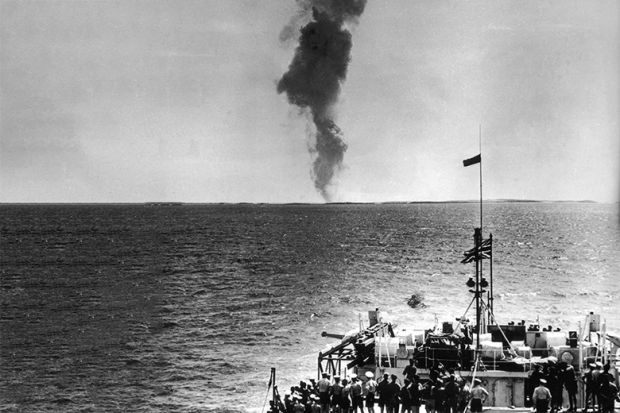 The crew of the HMS Narvik watch the smoke rise after a British atomic test, which took place on the Montebello Islands off the west coast of Australia, 16 May 1956. The crew of the HMS Narvik watch the smoke rise after a British atomic test, which took place on the Montebello Islands off the west coast of Australia, 16 May 1956.