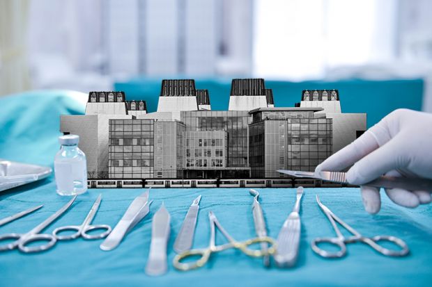 Building of the MRC Laboratory of Molecular Biology, Cambridge, on an operating table with hand holding scalpel. To illustrate Medical Research Council unit closures, as the council rolls out a new funding model. Building of the MRC Laboratory of Molecular Biology, Cambridge, on an operating table with hand holding scalpel. To illustrate Medical Research Council unit closures, as the council rolls out a new funding model.