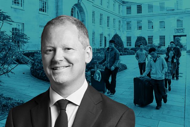 Shadow skills minister Neil O'Brien, with background showing international students with suitcases. Shadow skills minister Neil O'Brien, with background showing international students with suitcases.