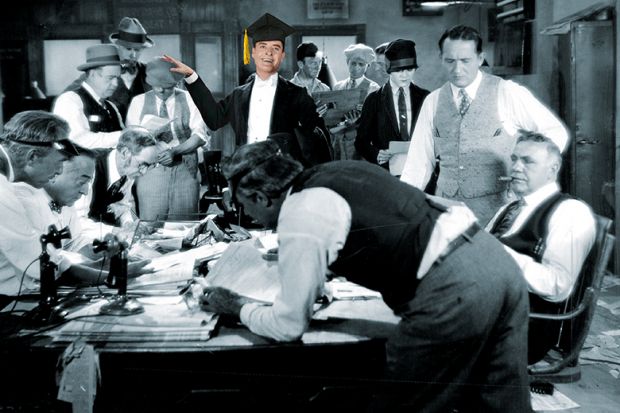 Vintage newsroom with academic in the centre Vintage newsroom with academic in the centre symbolising conflict between editors and academics