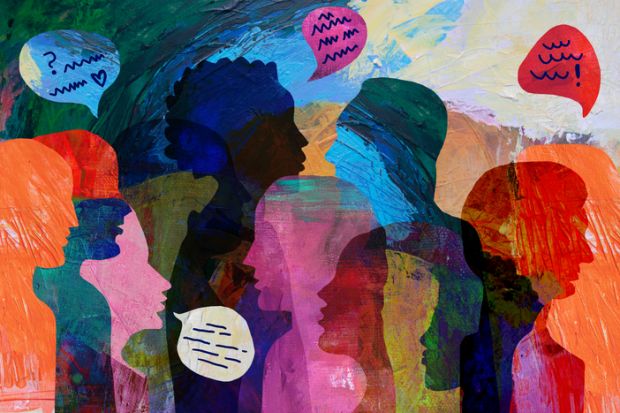 A painting of a diverse group of people overlapping, illustrating international staff