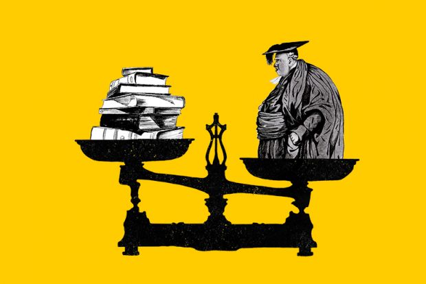 Illustration of an overweight academic on scales, weighed against a pile of books. As an illustration of measuring researchers’ output mass against their body mass, an academic BMI. Illustration of an overweight academic on scales, weighed against a pile of books. As an illustration of measuring researchers’ output mass against their body mass, an academic BMI.