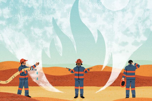 Illustration of fire fighters in a desert Illustration of fire fighters in a desert