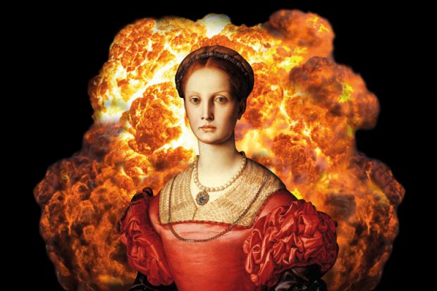 Painting of woman in front of huge explosion Painting of woman in front of huge explosion