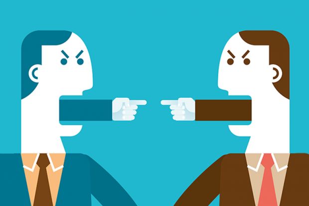 People arguing with tongues replaced with fingers pointing at each other. To illustrate that grievances are on the rise in UK universities.
