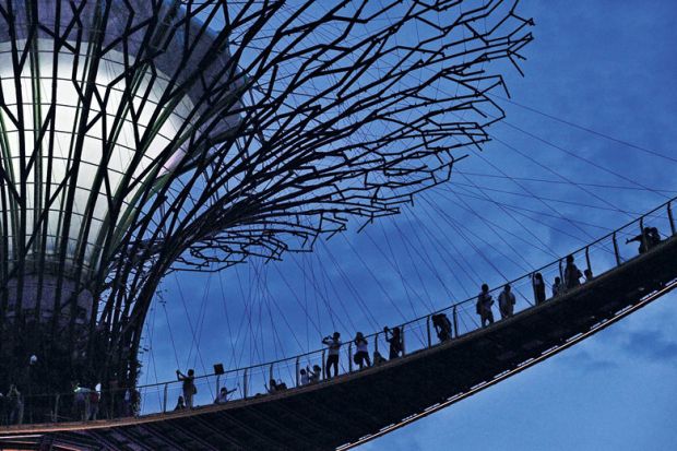 People on Supertree suspension bridge, Garden by the Bay, Singapore People on Supertree suspension bridge, Garden by the Bay, Singapore