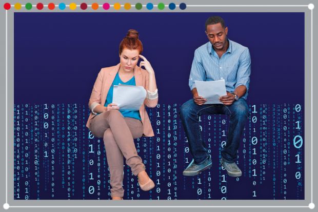 People sitting on binary code reading papers, illustrating how large language models are becoming a powerful complement to human judgement in the validation process for our sustainability-focused rankings
