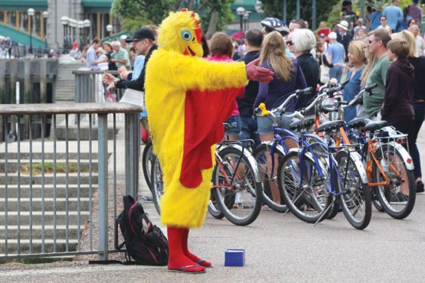 Person dressed as chicken, London South Bank Person dressed as chicken, London South Bank
