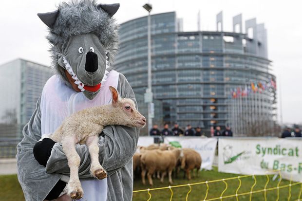 Person dressed as wolf and carrying lamb Person dressed as wolf and carrying lamb