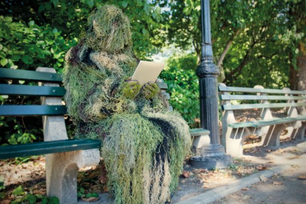 Person in ghillie suit reading on bench Person in ghillie suit reading on bench