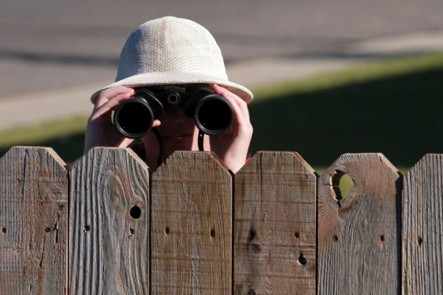 Person looking over fence with binoculars Person looking over fence with binoculars