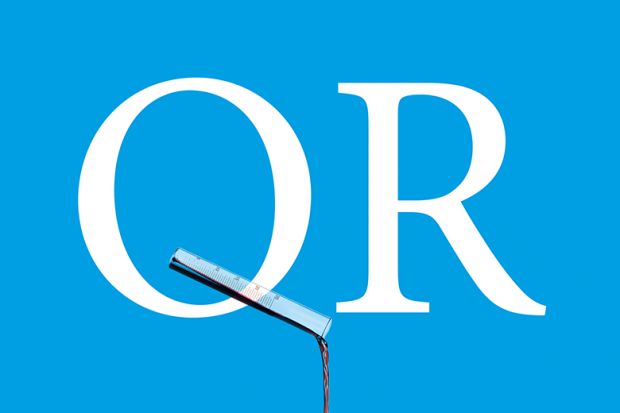 The letters QR (for quality related funding), with a test tube pouring out liquid forming part of the Q The letters QR (for quality related funding), with a test tube pouring out liquid forming part of the Q