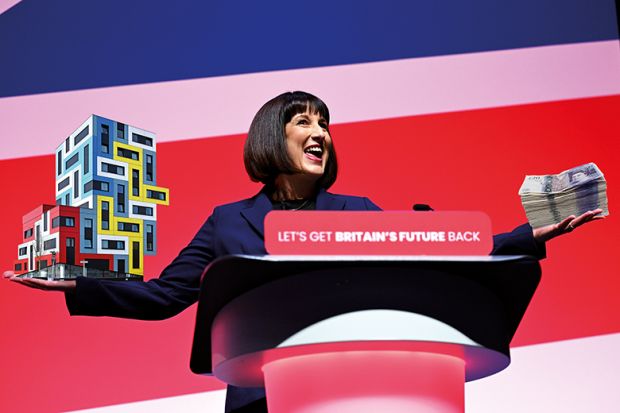 Montage: Rachel Reeves at lectern, money in one hand, buildings in the other Montage: Rachel Reeves at lectern, money in one hand, buildings in the other to illustrate English higher education would not get something for nothing from Labour