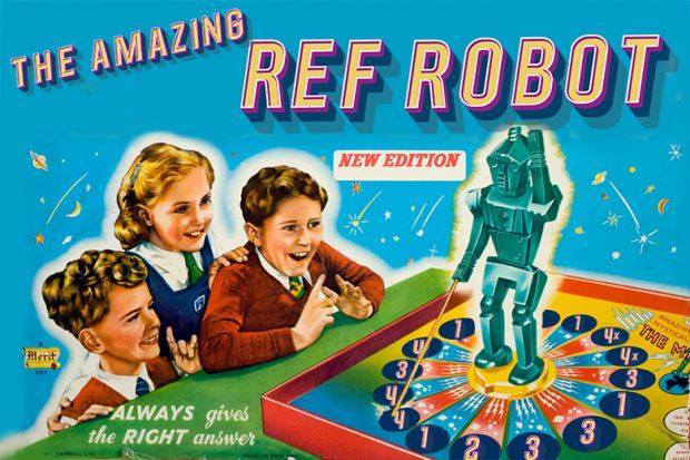 A robot game advert. The amazing REF robot “always gives the right answer”, with a robot pointing to scores of 1 to 4. To illustrate whether generative AI can improve the REF. A robot game advert. The amazing REF robot “always gives the right answer”, with a robot pointing to scores of 1 to 4. To illustrate whether generative AI can improve the REF.