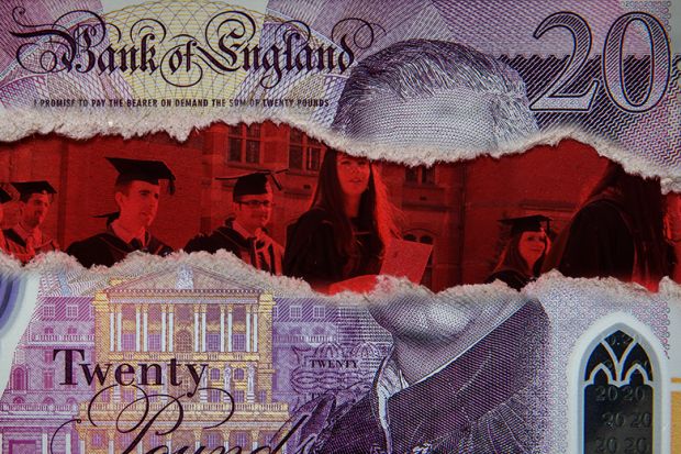 Ripped twenty pound note, with students in red behind. To illustrate that almost a third of UK universities post deficits.