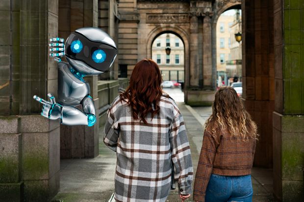 Robot pointing direction as two students walk through university entrance. To illustrate the use of AI in university recruitment.