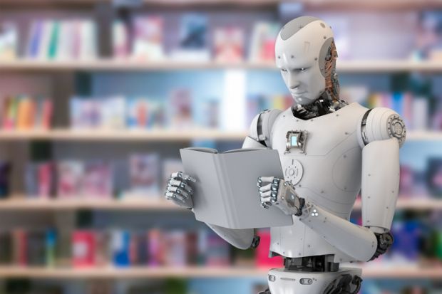 A robot reading, illustrating AI peer reviewing