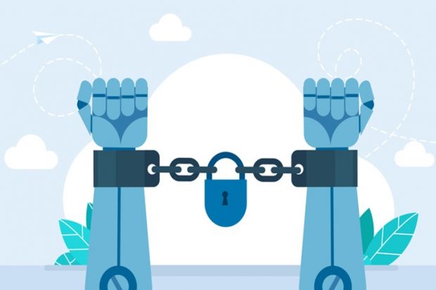 A robot's hands shackled, illustrating restrictions on AI use
