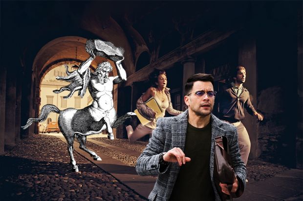A centaur chasing academics who are afraid. The amalgamation of disparate disciplines (symbolised by the centaur) into larger administrative units is prompting fears about academic identity, voice and workload.