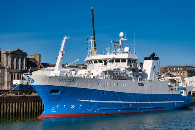 Scottish Government's fisheries research vessel MRV Scotia arriving at Lerwick, Shetland