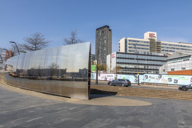 Sheffield, South Yorkshire, England - April 17 2021 Sheffield Hallam University campus buildings. Picture taken from the train station.