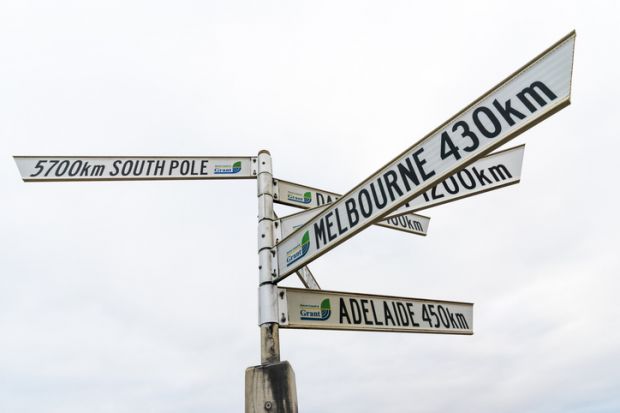 Sign at South Australia’s southernmost point, Port Macdonnell, showing the distances to various cities and the South Pole Sign at South Australia’s southernmost point, Port Macdonnell, showing the distances to various cities and the South Pole