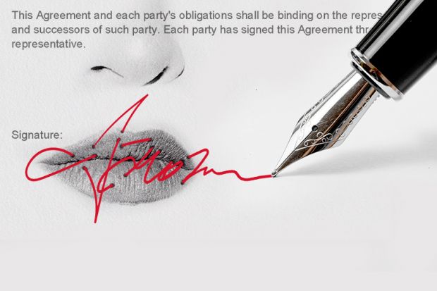 A signature which acts like stitching over some lips. To illustrate a non-disclosure agreement.