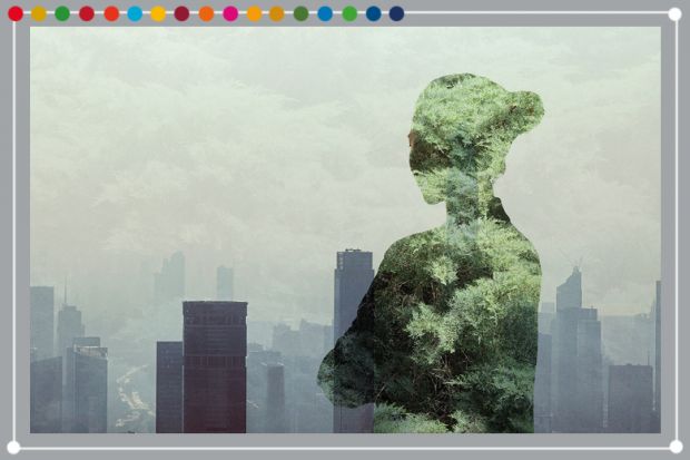 Person standing in contemplation in silhouette with nature and background of smog in urban city. To illustrate inner skills needed for sustainable development.