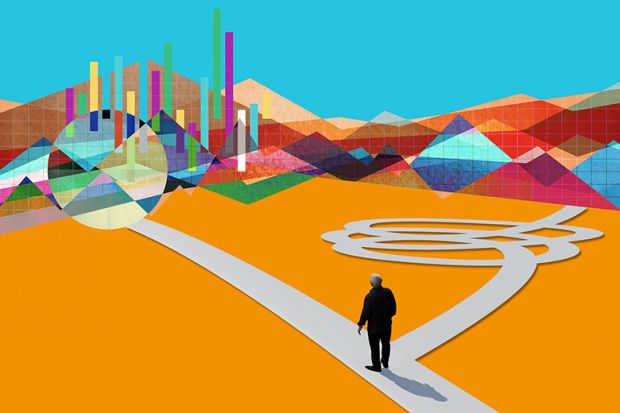 Person choosing a simple path over a complex one, with a data landscape in the background. To illustrate the simplifying the World University Rankings.