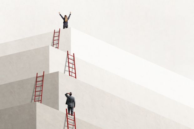 A many-levelled edifice with ladders between levels, illustrating the skills system