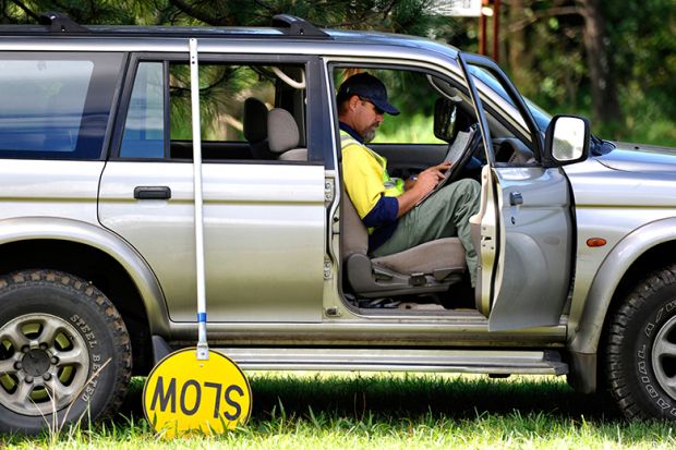 A road-worker takes a break with a slow sign in Australia, to illustrate university administrators deliberately dragging out research fraud investigations to avoid external scrutiny. A road-worker takes a break with a slow sign in Australia, to illustrate university administrators deliberately dragging out research fraud investigations to avoid external scrutiny.