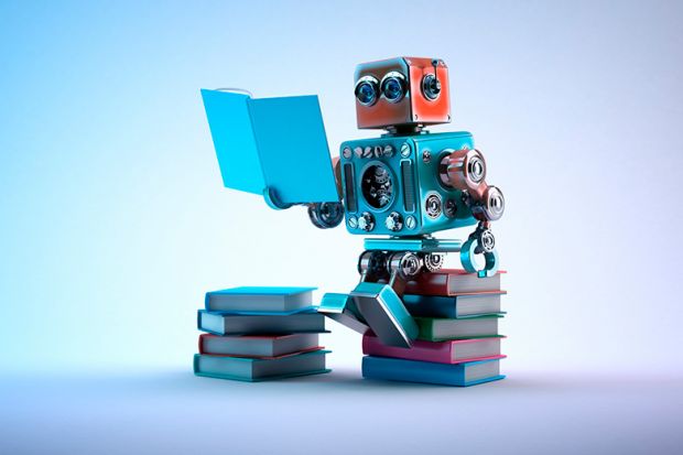 Small robot sitting on pile of books, reading Small robot sitting on pile of books, reading
