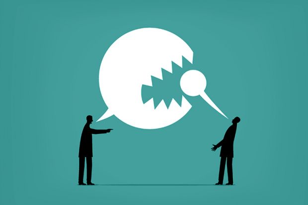 Person with large speech bubble eating the voice of another, as an illustration that the absolutist approach to free speech risks entrenching views that marginalise others. Person with large speech bubble eating the voice of another, as an illustration that the absolutist approach to free speech risks entrenching views that marginalise others.