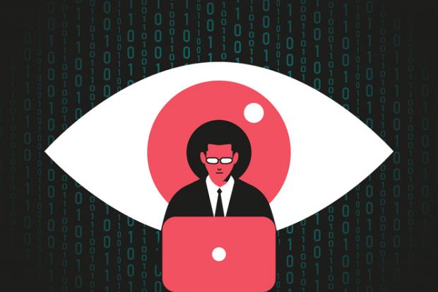 Giant eye watching at man working at the computer Giant eye watching at man working at the computer, symbolising spying