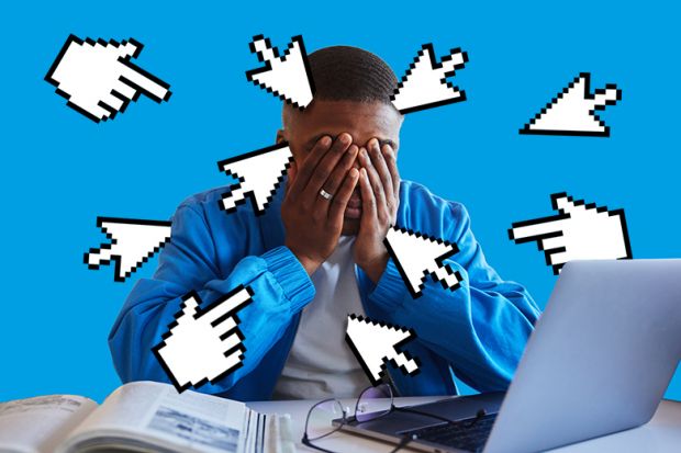 Student with laptop being bombarded by cursor icons, to illustrate being overloaded by emails Student with laptop being bombarded by cursor icons, to illustrate being overloaded by emails