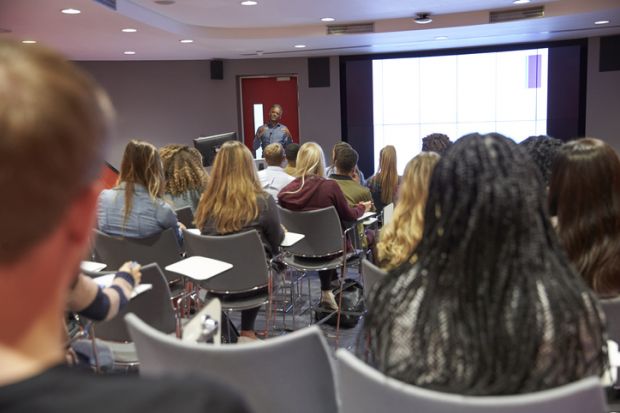 Student lecture in modern university classroom
