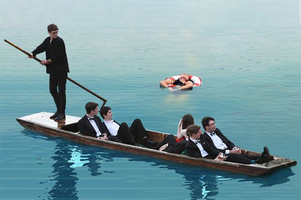 Students in dinner jackets punting past a woman in the water in a lifebelt. To illustrate that there is no incentive for wealthy institutions to support initiatives for insolvency plans. Students in dinner jackets punting past a woman in the water in a lifebelt. To illustrate that there is no incentive for wealthy institutions to support initiatives for insolvency plans.